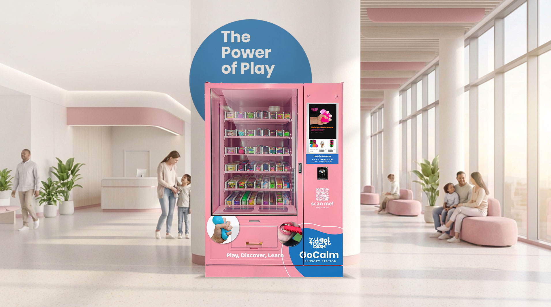 A bright, welcoming healthcare lobby with a pink GoCalm Sensory Support Station and families nearby
