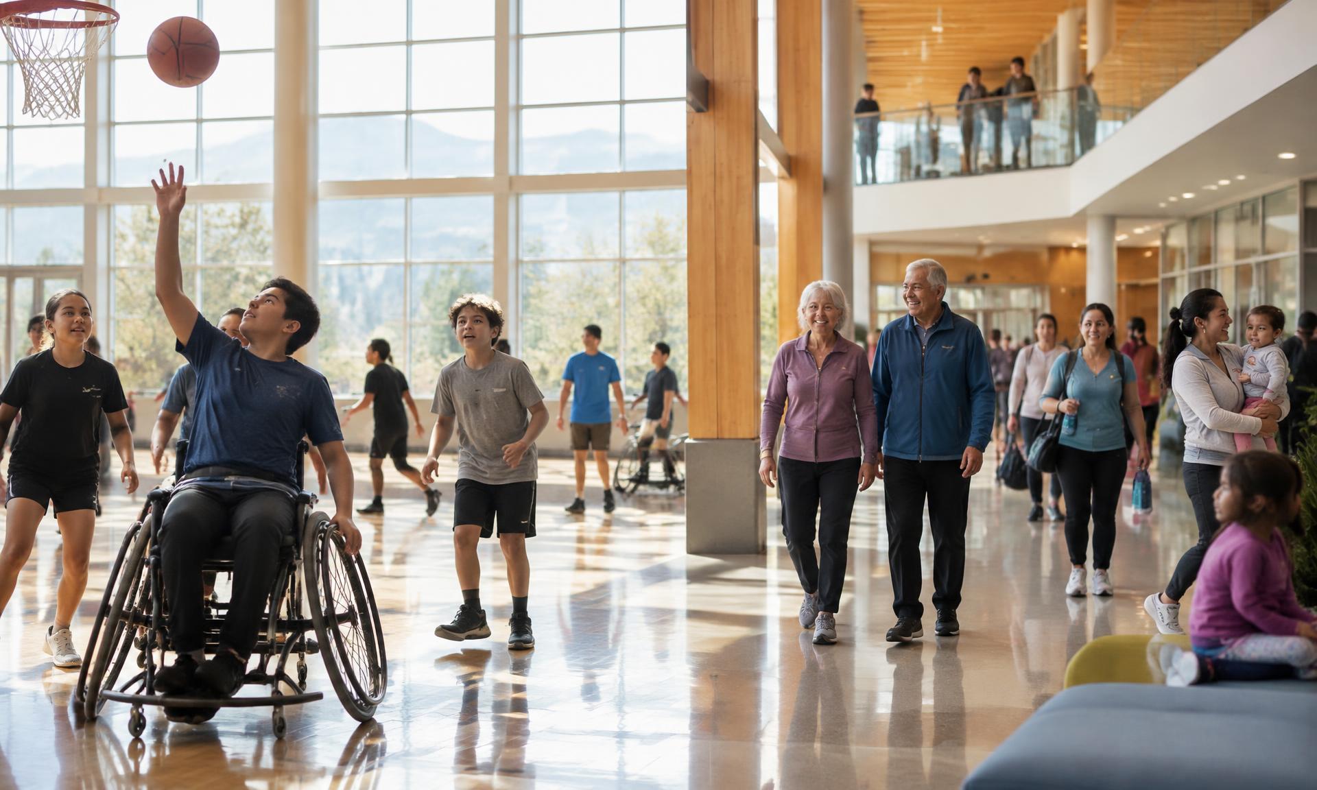 A bright, active accessible recreation facility with children, families, caregivers, and visitors taking part together