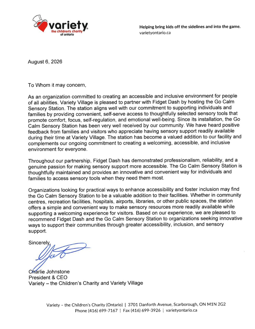 Signed letter of support from Charlie Johnstone, President & CEO of Variety – the Children's Charity and Variety Village, recommending the GoCalm Sensory Station